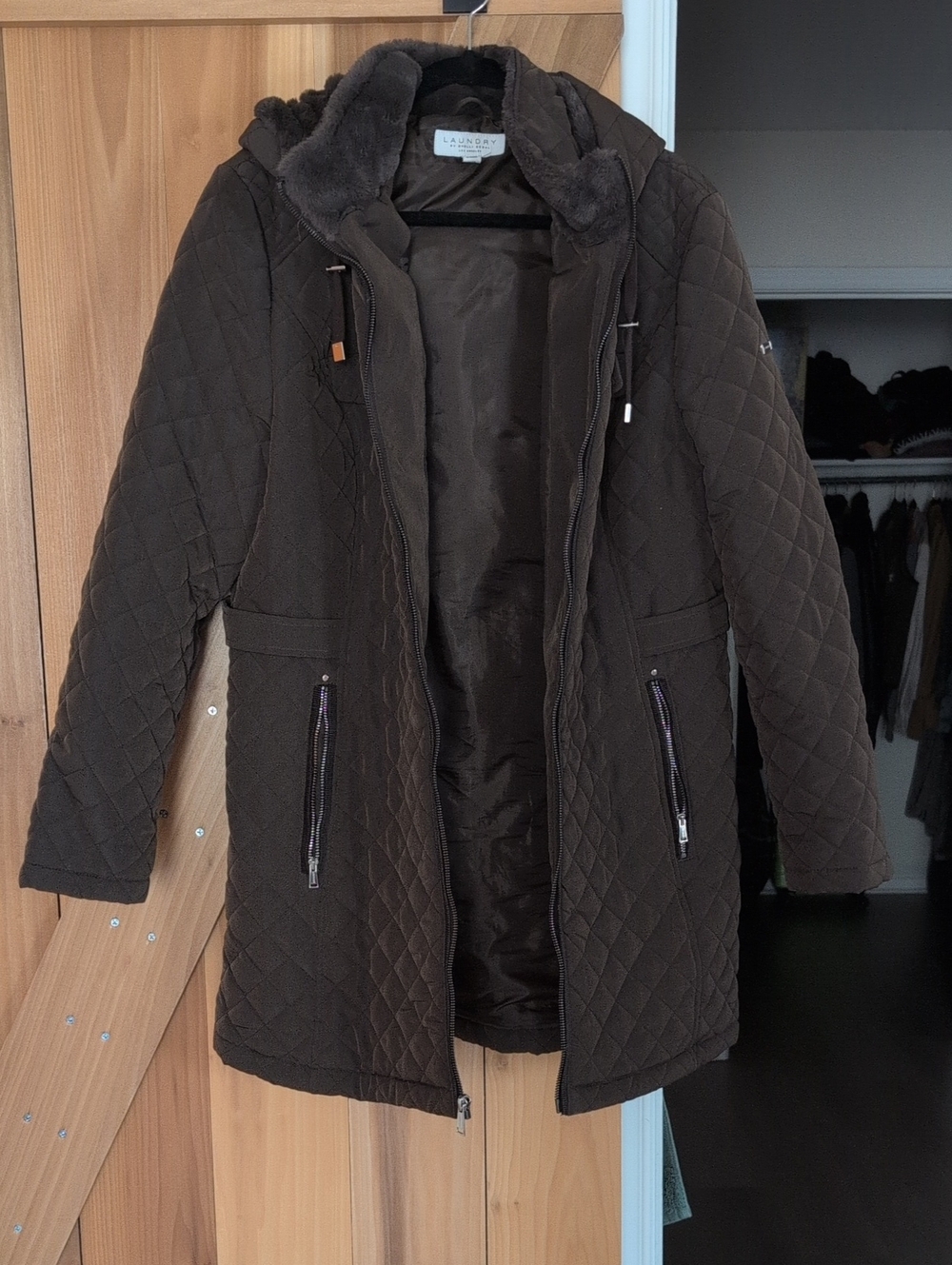 Laundry By Shelli Segal Quilted Hooded Puffer in Dark Brown